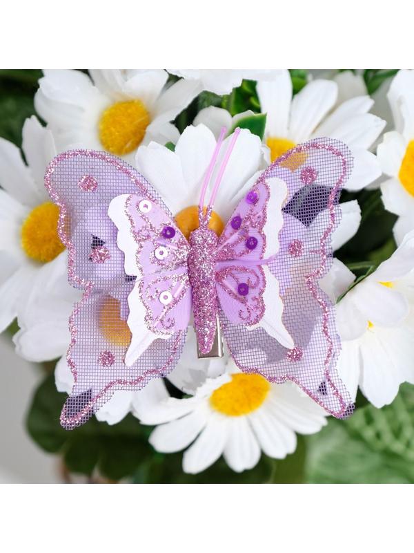 Бабочки для декора и флористики, на прищепке, пластиковые, фиолетовые, микс, 5 см и 8 см