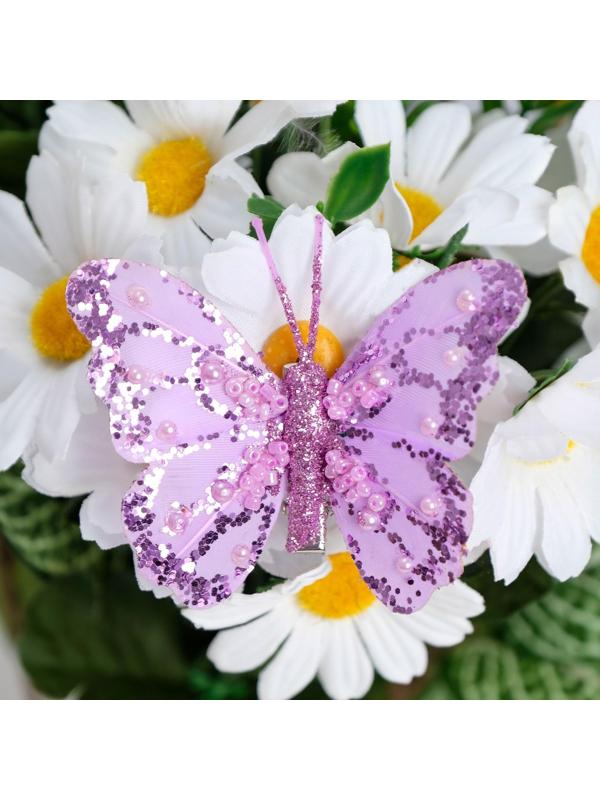 Бабочки для декора и флористики, на прищепке, пластиковые, фиолетовые, микс, 5 см и 8 см