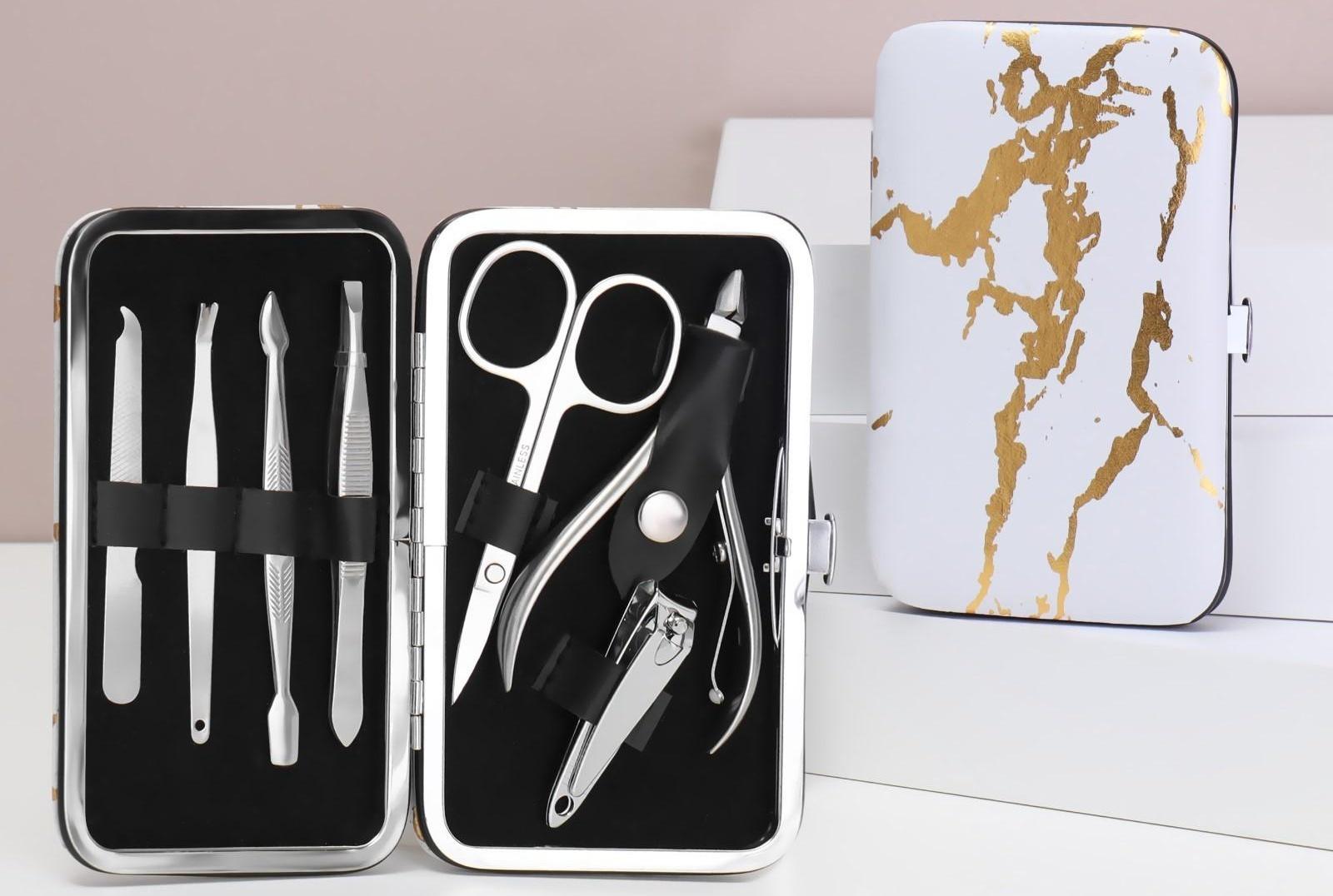 Набор маникюрный, 7 предметов, в футляре, рисунок мрамор