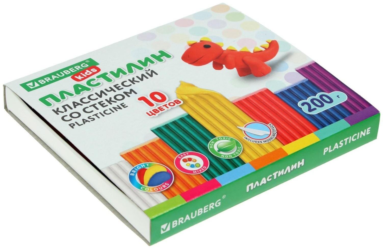 Пластилин 10 цветов 200 г KIDS, со стеком