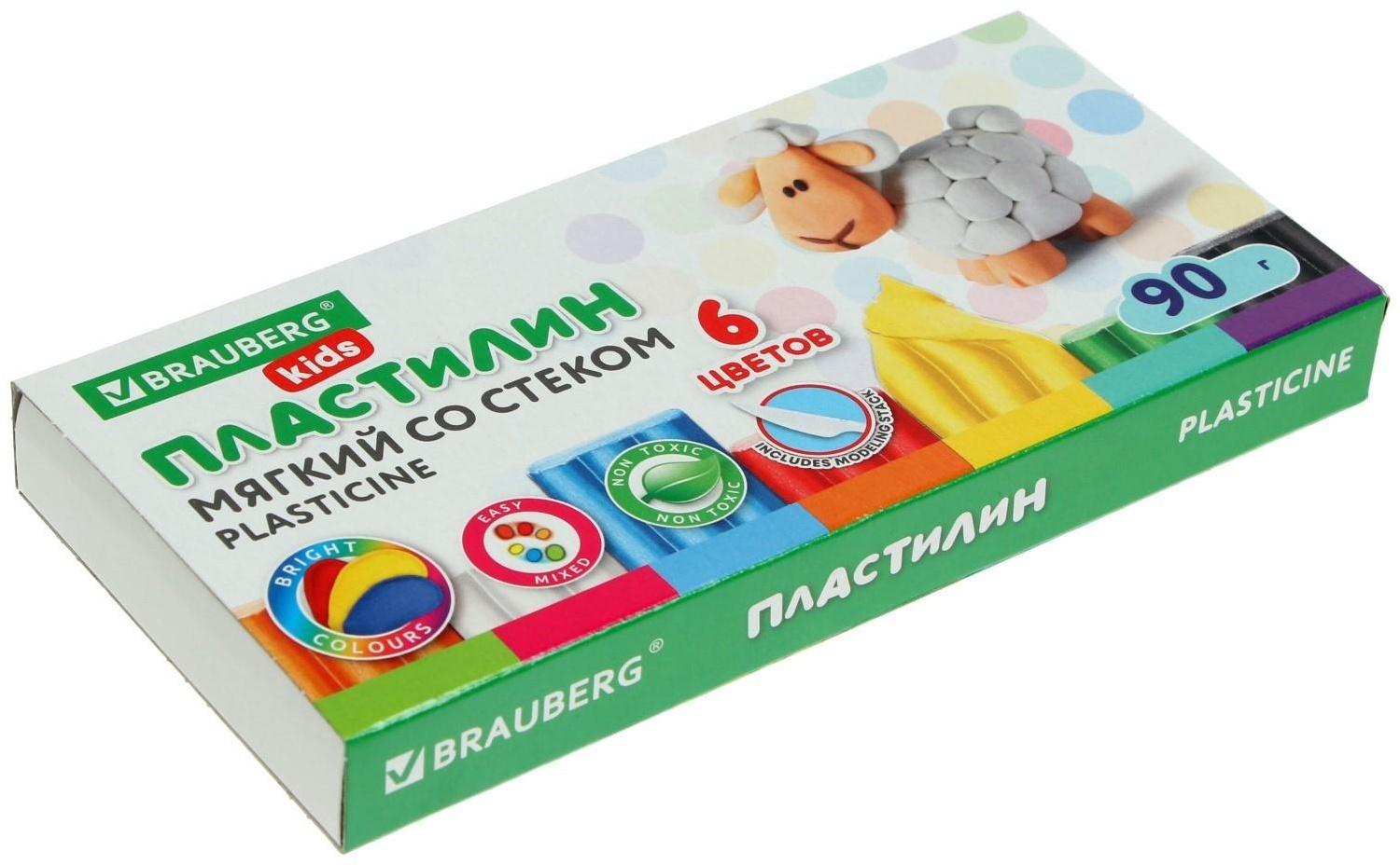 Пластилин мягкий, восковой, 6 цветов, 90 г, KIDS, со стеком