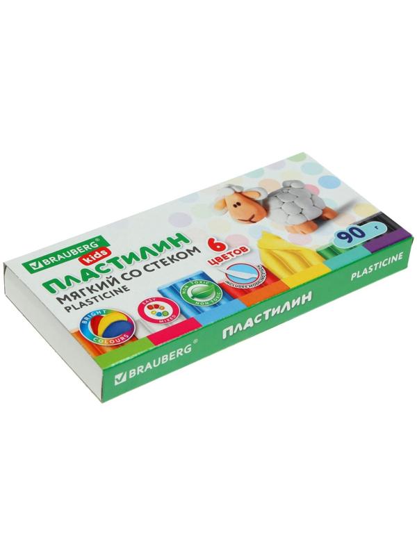Пластилин мягкий, восковой, 6 цветов, 90 г, KIDS, со стеком