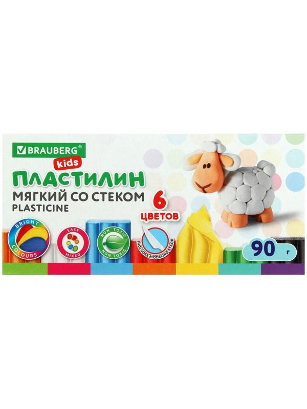 Пластилин мягкий, восковой, 6 цветов, 90 г, KIDS, со стеком