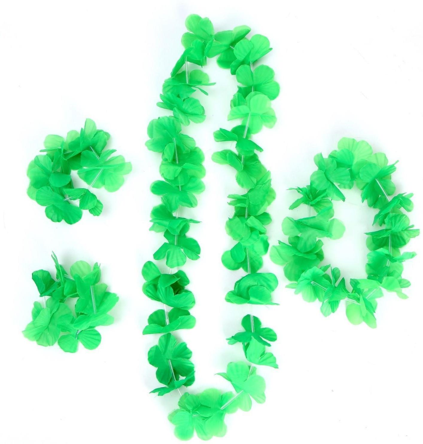 Гавайский набор «Цветочки», (ожерелье, венок, 2 браслета), цвет салатовый