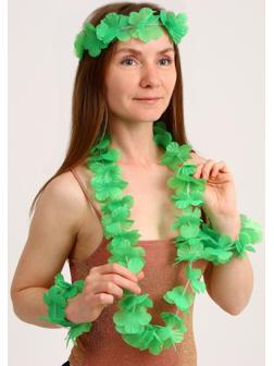 Гавайский набор «Цветочки», (ожерелье, венок, 2 браслета), цвет салатовый