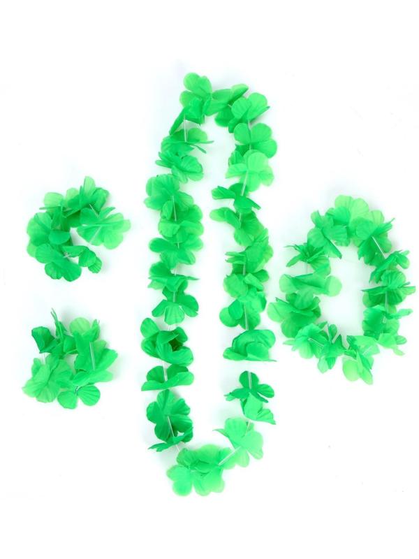 Гавайский набор «Цветочки», (ожерелье, венок, 2 браслета), цвет салатовый