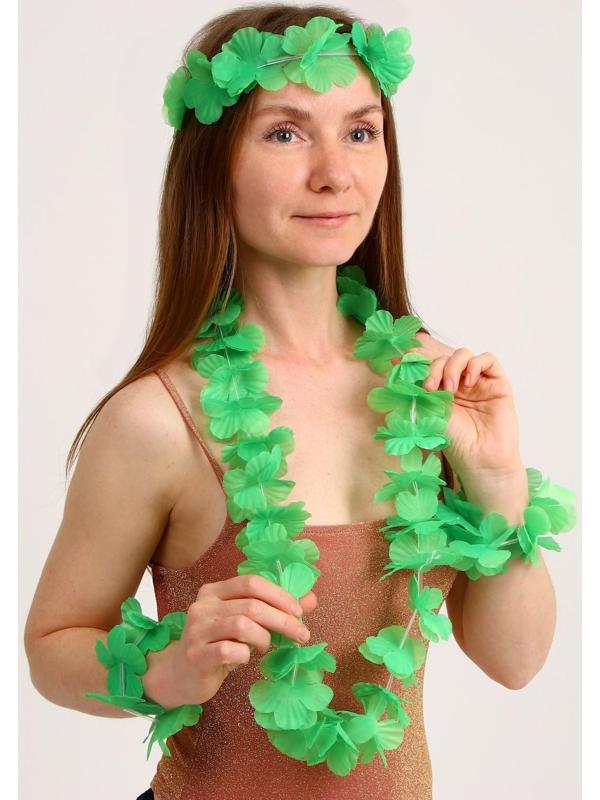 Гавайский набор «Цветочки», (ожерелье, венок, 2 браслета), цвет салатовый