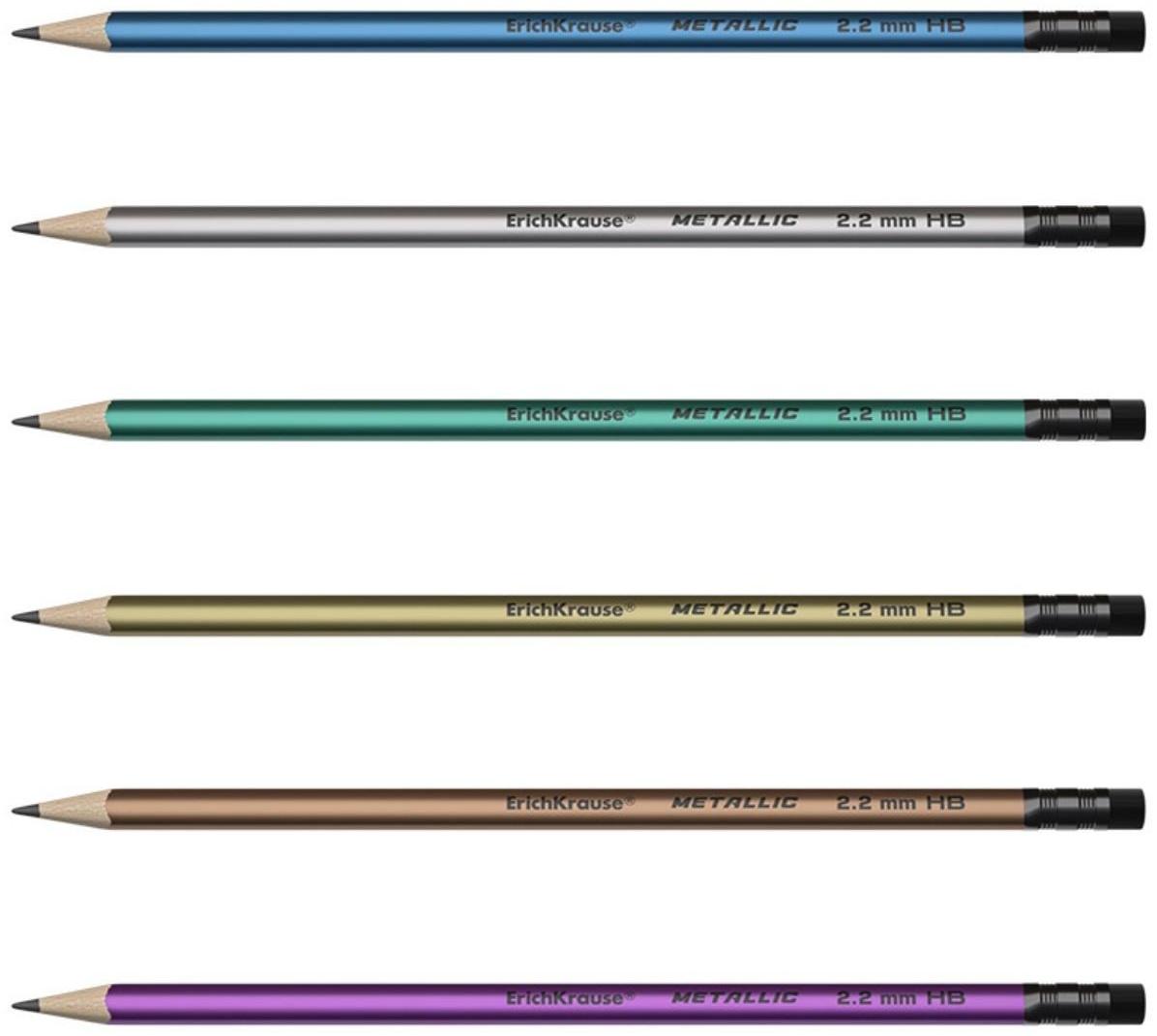 Карандаш чернографитный с ластиком ErichKrause Metallic (простой), HB, грифель d 2.2 мм, трeхгранный, из отборной древесины, микс
