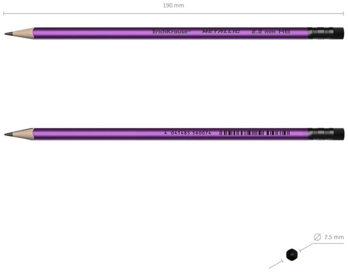 Карандаш чернографитный с ластиком ErichKrause Metallic (простой), HB, грифель d 2.2 мм, трeхгранный, из отборной древесины, микс