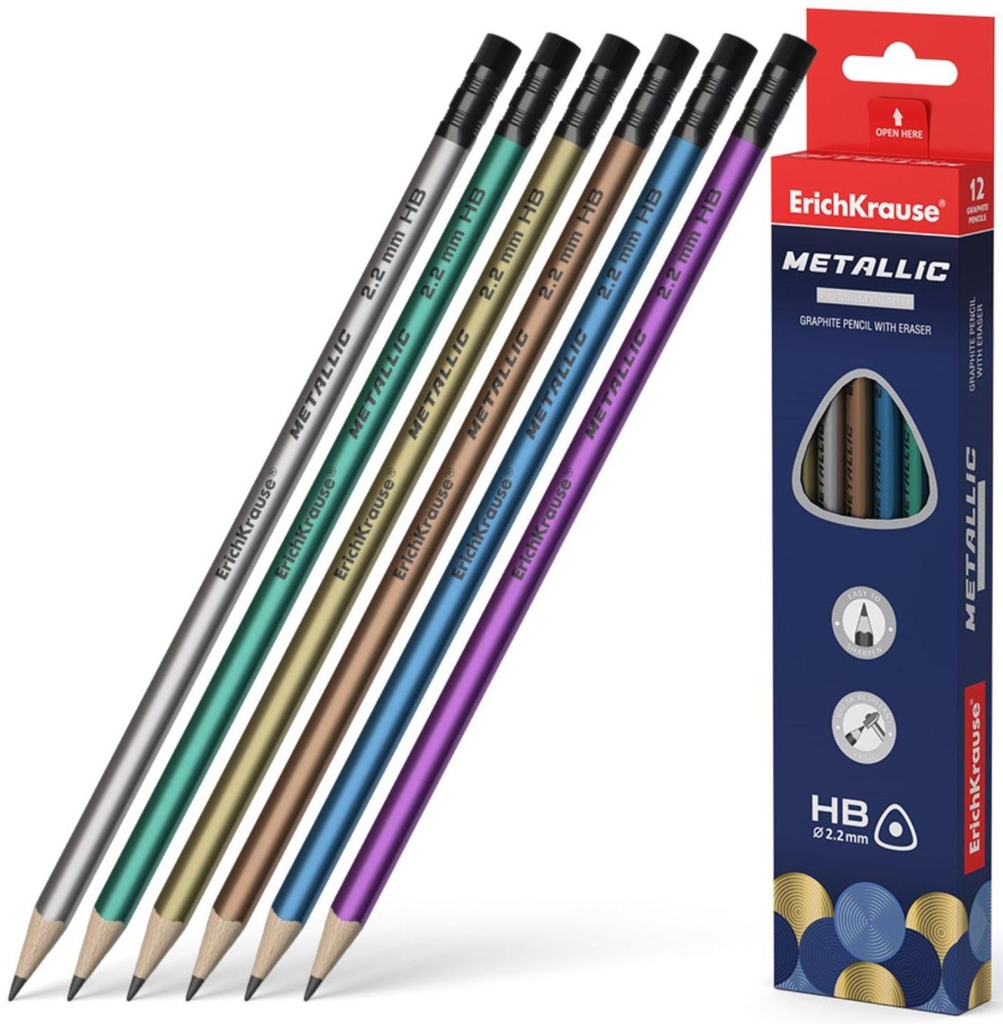 Карандаш чернографитный с ластиком ErichKrause Metallic (простой), HB, грифель d 2.2 мм, трeхгранный, из отборной древесины, микс