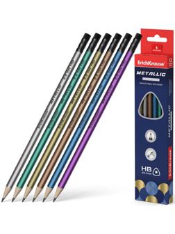 Карандаш чернографитный с ластиком ErichKrause Metallic (простой), HB, грифель d 2.2 мм, трeхгранный, из отборной древесины, микс