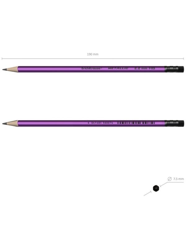 Карандаш чернографитный с ластиком ErichKrause Metallic (простой), HB, грифель d 2.2 мм, трeхгранный, из отборной древесины, микс