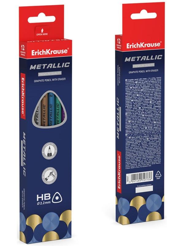 Карандаш чернографитный с ластиком ErichKrause Metallic (простой), HB, грифель d 2.2 мм, трeхгранный, из отборной древесины, микс
