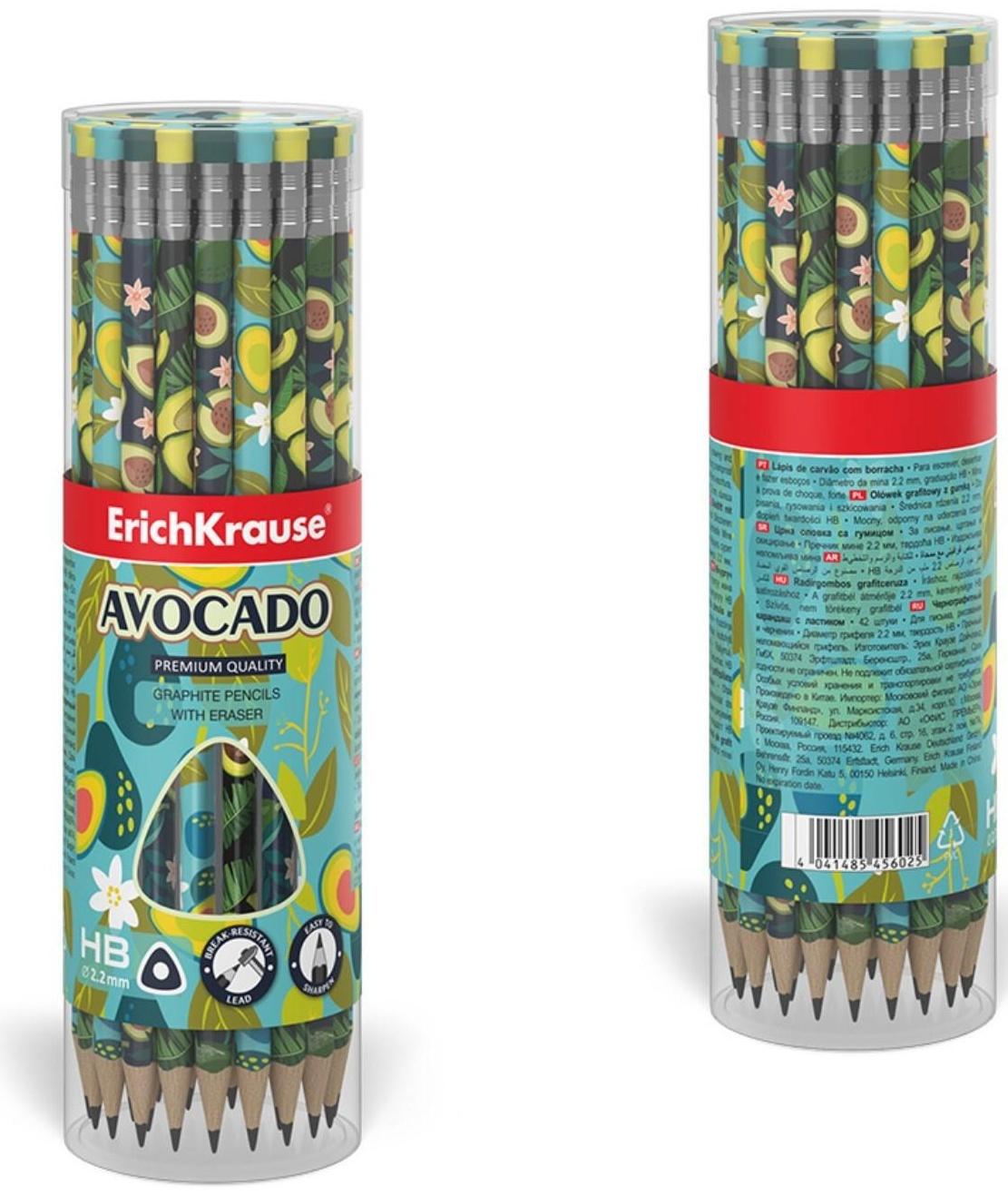 Карандаш чернографитный с ластиком ErichKrause Avocado (простой), HB, грифель d 2.2 мм, трeхгранный, с принтом, из люкс древесины, микс