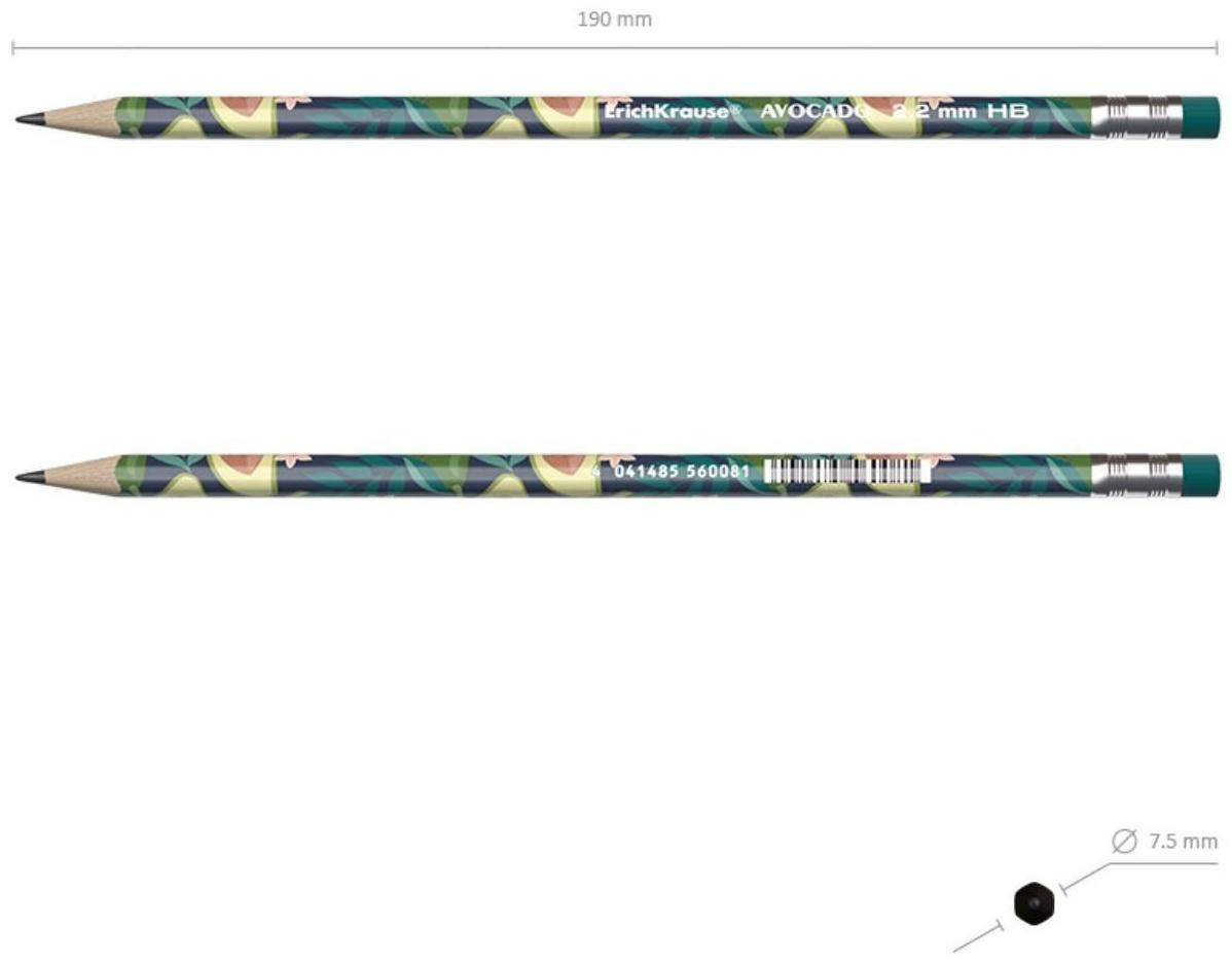 Карандаш чернографитный с ластиком ErichKrause Avocado (простой), HB, грифель d 2.2 мм, трeхгранный, с принтом, из люкс древесины, микс