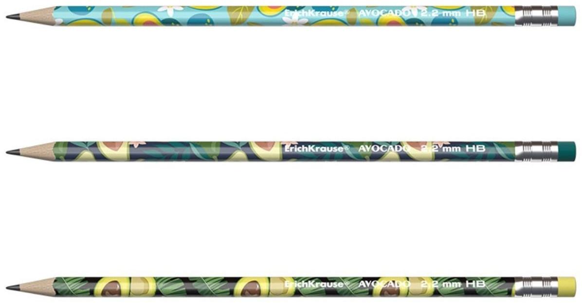 Карандаш чернографитный с ластиком ErichKrause Avocado (простой), HB, грифель d 2.2 мм, трeхгранный, с принтом, из люкс древесины, микс