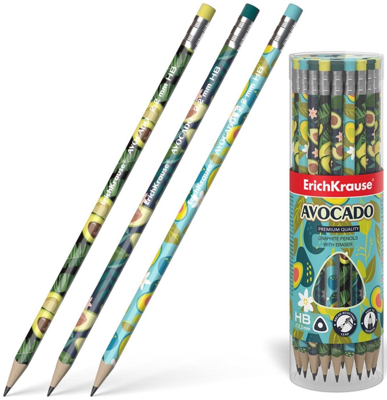 Карандаш чернографитный с ластиком ErichKrause Avocado (простой), HB, грифель d 2.2 мм, трeхгранный, с принтом, из люкс древесины, микс