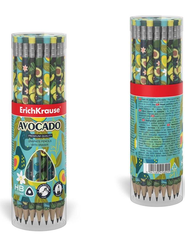 Карандаш чернографитный с ластиком ErichKrause Avocado (простой), HB, грифель d 2.2 мм, трeхгранный, с принтом, из люкс древесины, микс