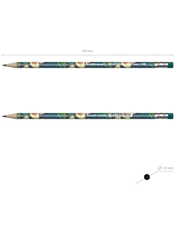 Карандаш чернографитный с ластиком ErichKrause Avocado (простой), HB, грифель d 2.2 мм, трeхгранный, с принтом, из люкс древесины, микс