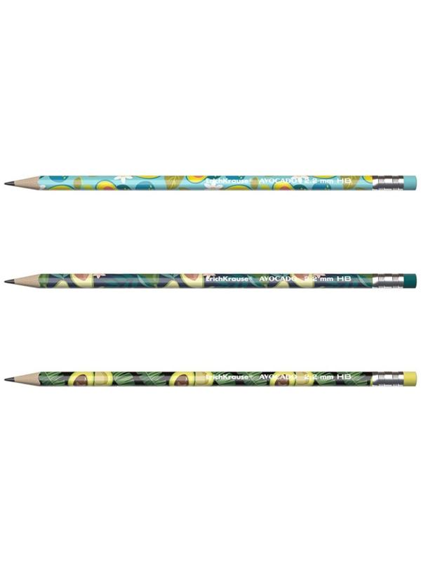Карандаш чернографитный с ластиком ErichKrause Avocado (простой), HB, грифель d 2.2 мм, трeхгранный, с принтом, из люкс древесины, микс