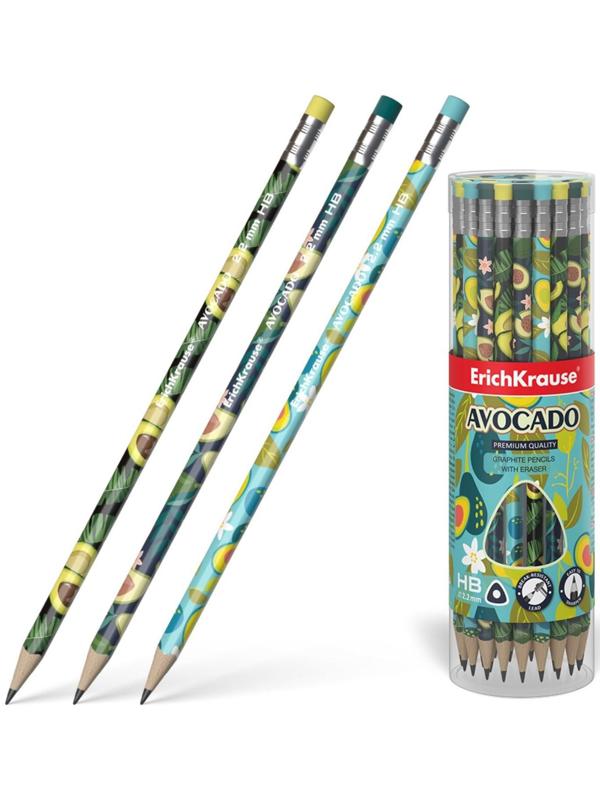 Карандаш чернографитный с ластиком ErichKrause Avocado (простой), HB, грифель d 2.2 мм, трeхгранный, с принтом, из люкс древесины, микс
