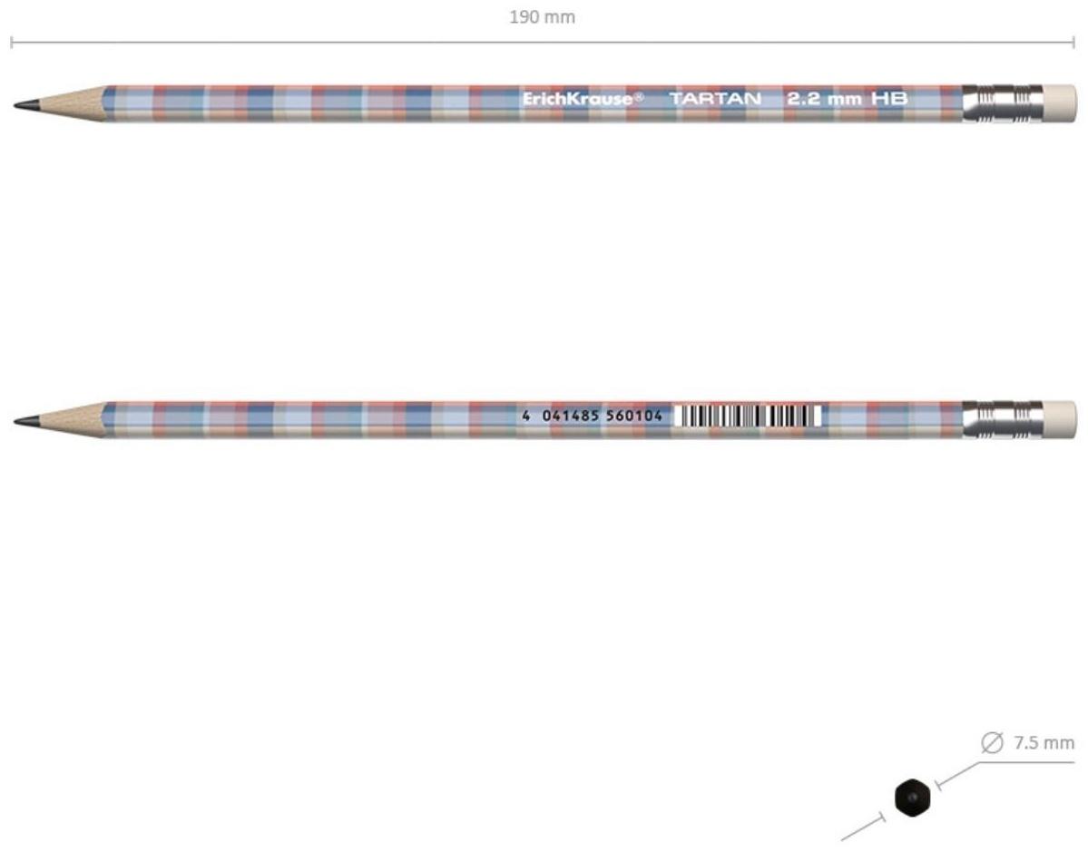Карандаш чернографитный с ластиком ErichKrause Tartan (простой), HB, грифель d 2.2 мм, трeхгранный, с принтом, из люкс древесины, микс