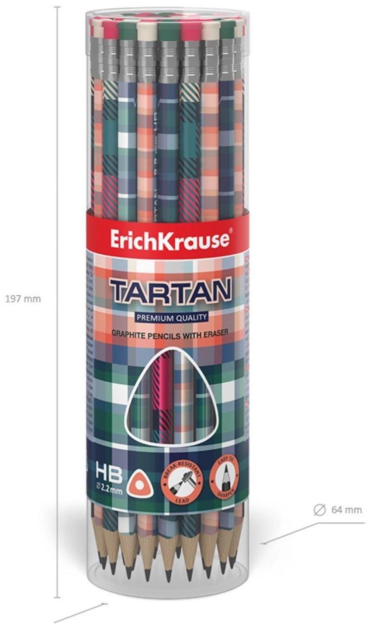 Карандаш чернографитный с ластиком ErichKrause Tartan (простой), HB, грифель d 2.2 мм, трeхгранный, с принтом, из люкс древесины, микс