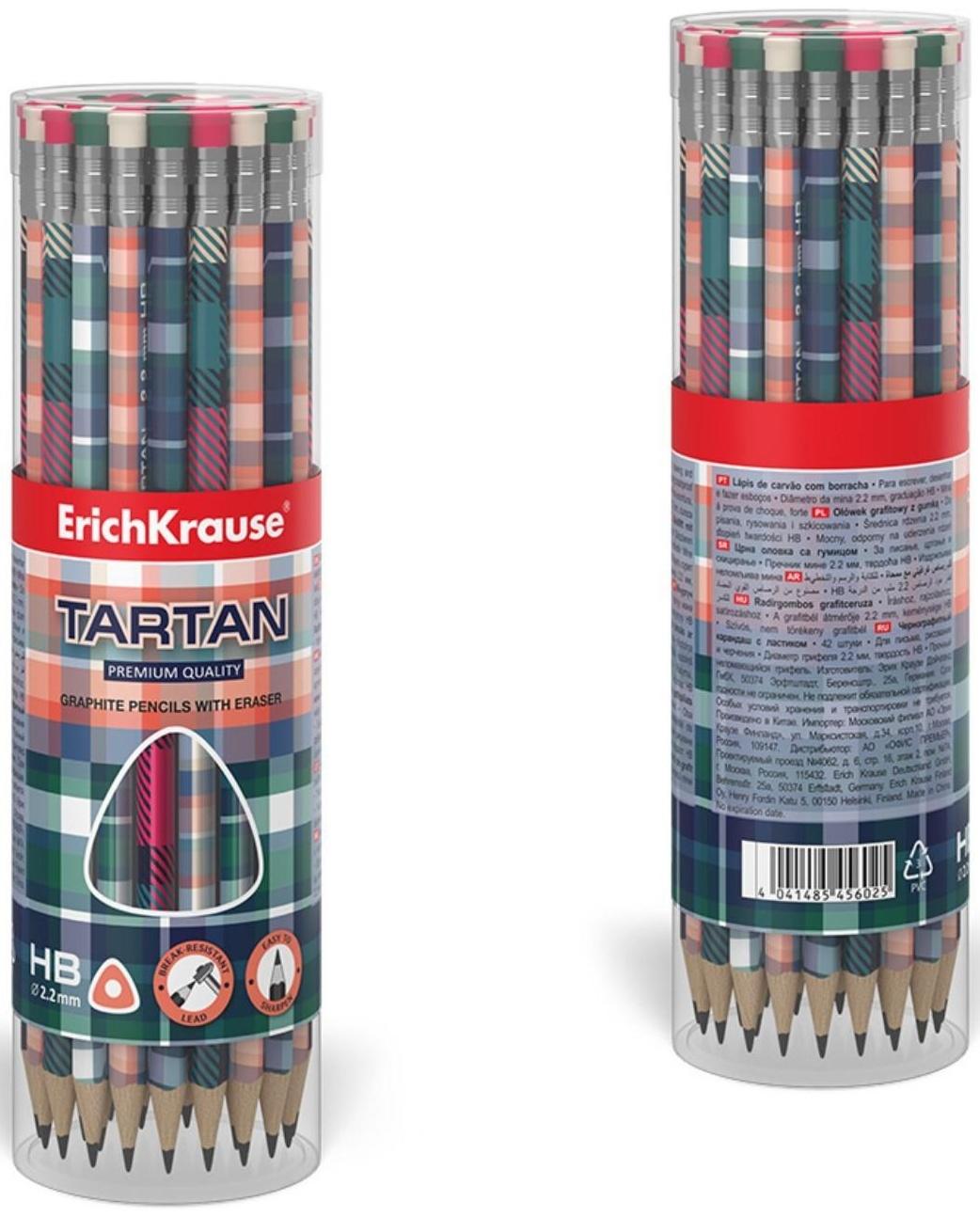 Карандаш чернографитный с ластиком ErichKrause Tartan (простой), HB, грифель d 2.2 мм, трeхгранный, с принтом, из люкс древесины, микс
