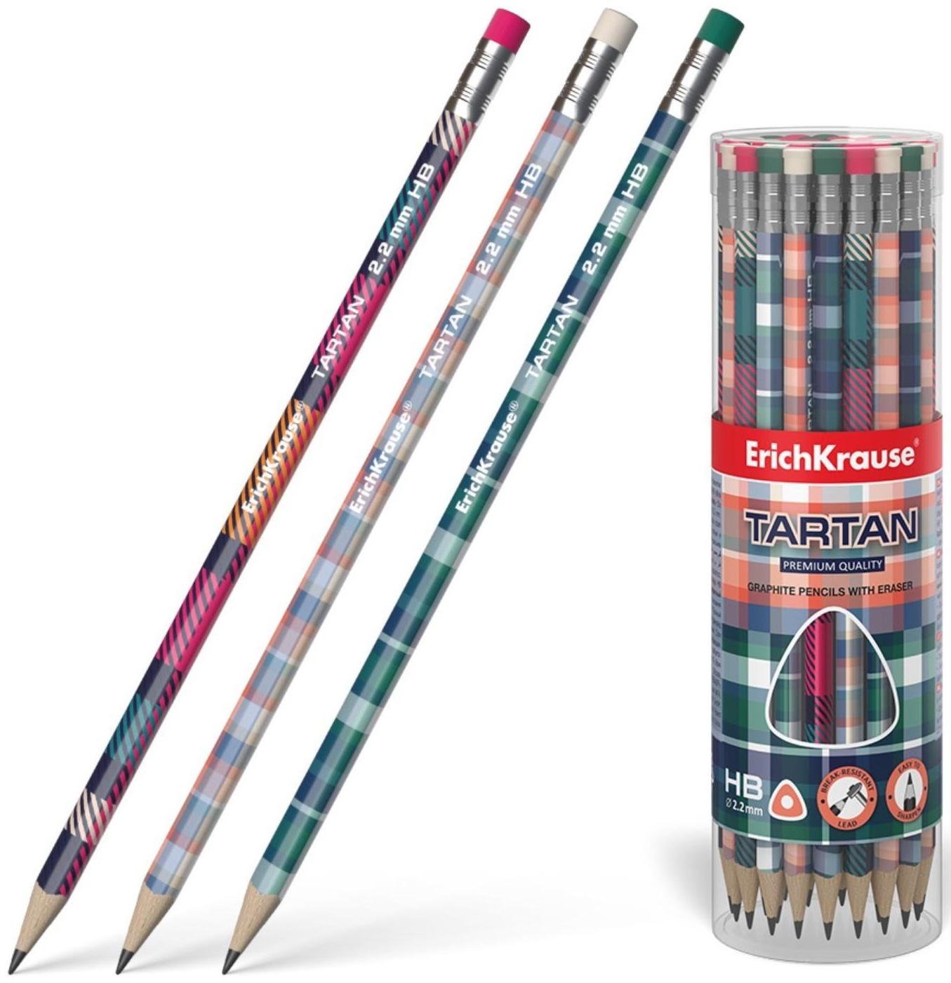 Карандаш чернографитный с ластиком ErichKrause Tartan (простой), HB, грифель d 2.2 мм, трeхгранный, с принтом, из люкс древесины, микс