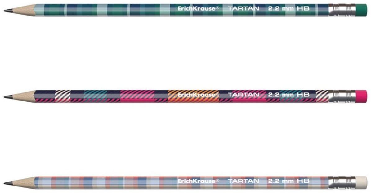 Карандаш чернографитный с ластиком ErichKrause Tartan (простой), HB, грифель d 2.2 мм, трeхгранный, с принтом, из люкс древесины, микс