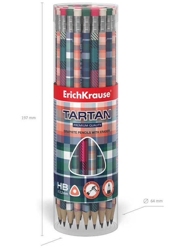 Карандаш чернографитный с ластиком ErichKrause Tartan (простой), HB, грифель d 2.2 мм, трeхгранный, с принтом, из люкс древесины, микс