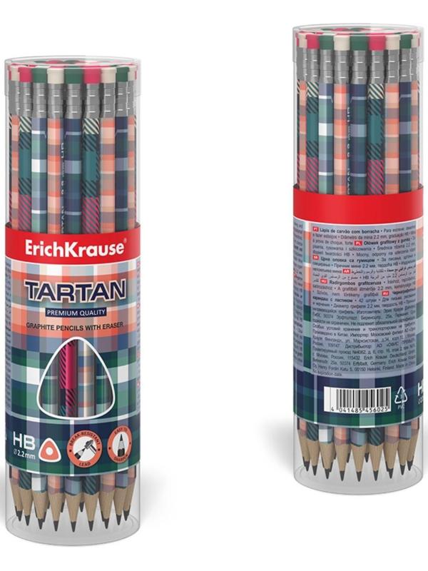 Карандаш чернографитный с ластиком ErichKrause Tartan (простой), HB, грифель d 2.2 мм, трeхгранный, с принтом, из люкс древесины, микс