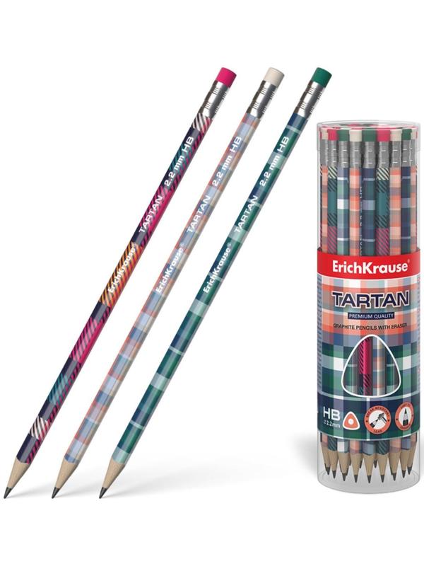 Карандаш чернографитный с ластиком ErichKrause Tartan (простой), HB, грифель d 2.2 мм, трeхгранный, с принтом, из люкс древесины, микс