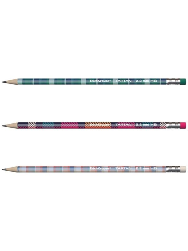 Карандаш чернографитный с ластиком ErichKrause Tartan (простой), HB, грифель d 2.2 мм, трeхгранный, с принтом, из люкс древесины, микс