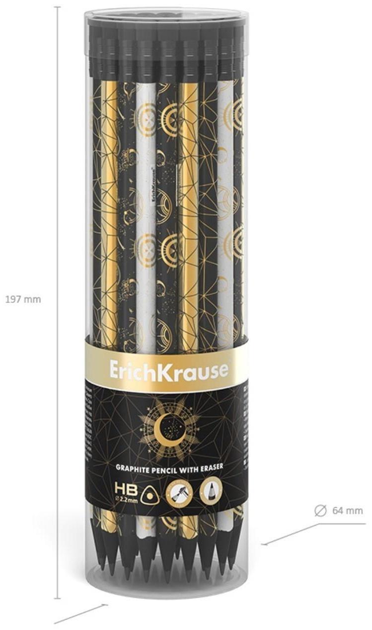 Карандаш чернографитный с ластиком ErichKrause Magic Sky (простой), HB, грифель d 2.2 мм, трeхгранный, с принтом, из люкс древесины, микс