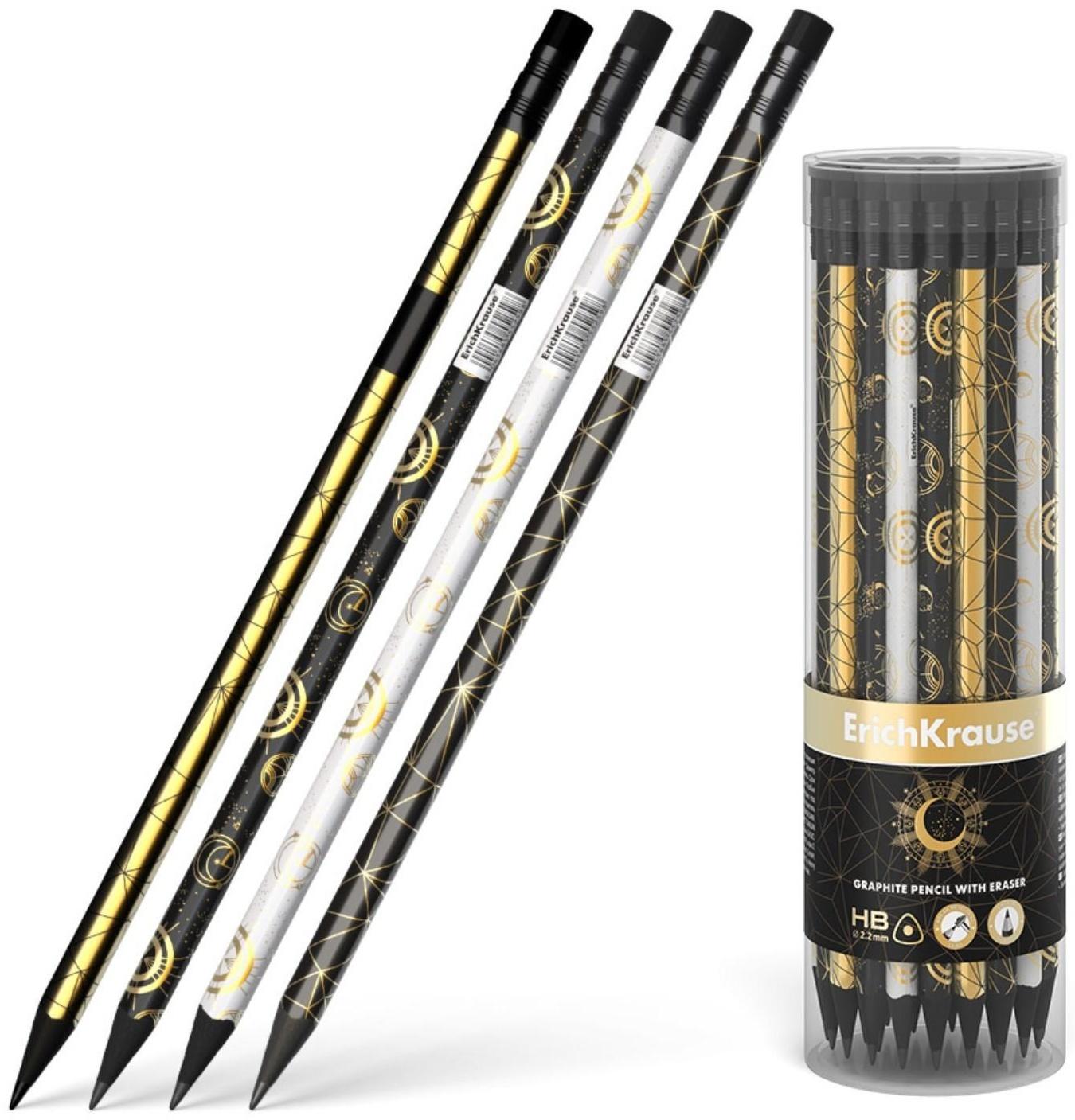 Карандаш чернографитный с ластиком ErichKrause Magic Sky (простой), HB, грифель d 2.2 мм, трeхгранный, с принтом, из люкс древесины, микс