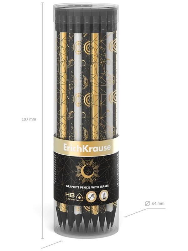 Карандаш чернографитный с ластиком ErichKrause Magic Sky (простой), HB, грифель d 2.2 мм, трeхгранный, с принтом, из люкс древесины, микс