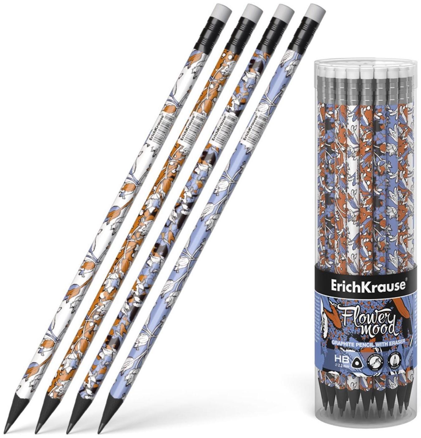 Карандаш чернографитный с ластиком ErichKrause Tulips (простой), HB, грифель d 2.2 мм, трeхгранный, с принтом, из люкс древесины, микс