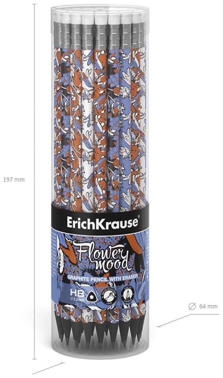 Карандаш чернографитный с ластиком ErichKrause Tulips (простой), HB, грифель d 2.2 мм, трeхгранный, с принтом, из люкс древесины, микс