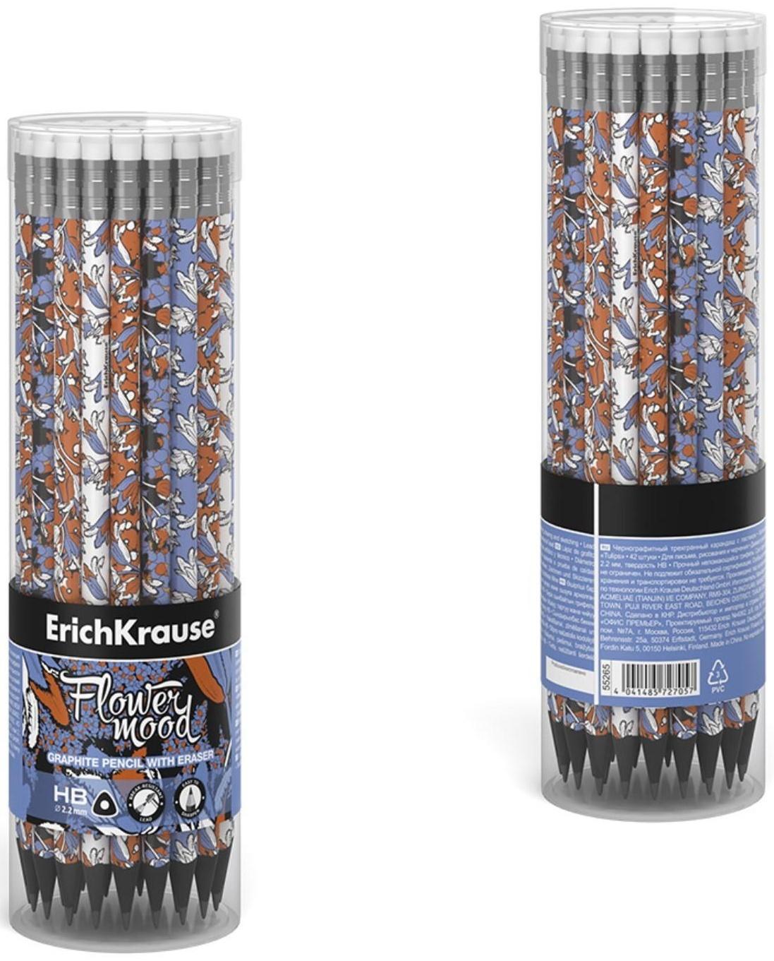 Карандаш чернографитный с ластиком ErichKrause Tulips (простой), HB, грифель d 2.2 мм, трeхгранный, с принтом, из люкс древесины, микс