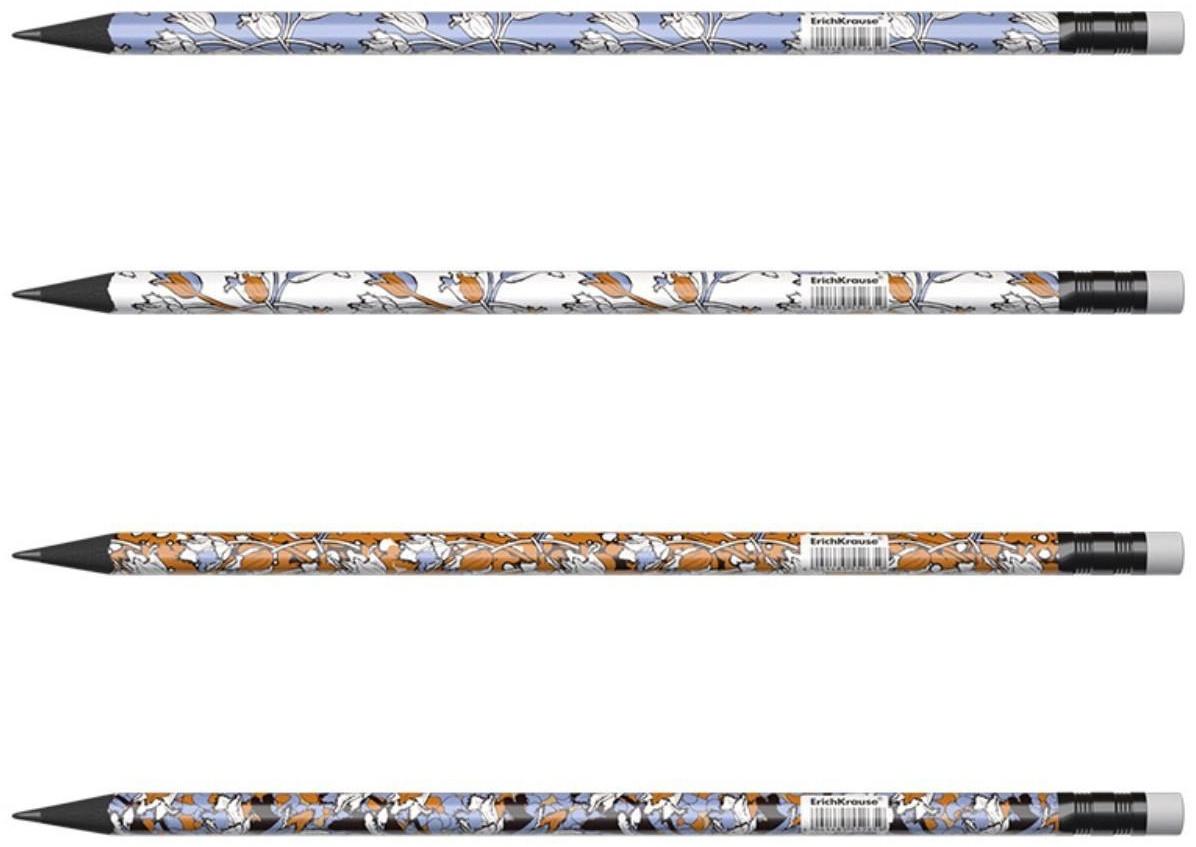 Карандаш чернографитный с ластиком ErichKrause Tulips (простой), HB, грифель d 2.2 мм, трeхгранный, с принтом, из люкс древесины, микс
