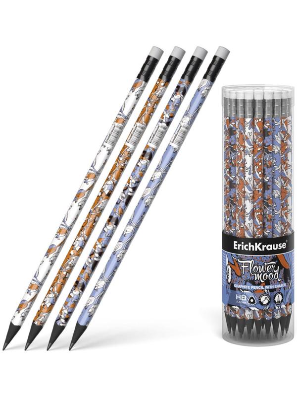 Карандаш чернографитный с ластиком ErichKrause Tulips (простой), HB, грифель d 2.2 мм, трeхгранный, с принтом, из люкс древесины, микс