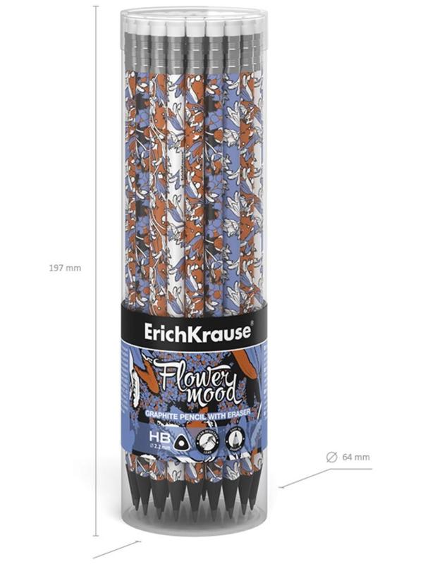 Карандаш чернографитный с ластиком ErichKrause Tulips (простой), HB, грифель d 2.2 мм, трeхгранный, с принтом, из люкс древесины, микс