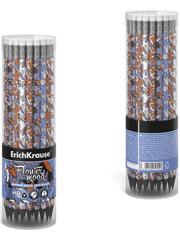 Карандаш чернографитный с ластиком ErichKrause Tulips (простой), HB, грифель d 2.2 мм, трeхгранный, с принтом, из люкс древесины, микс