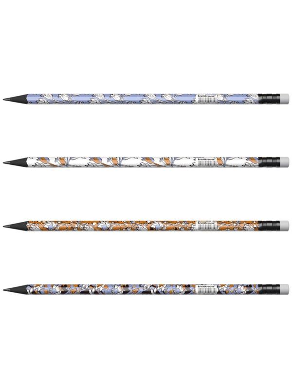Карандаш чернографитный с ластиком ErichKrause Tulips (простой), HB, грифель d 2.2 мм, трeхгранный, с принтом, из люкс древесины, микс