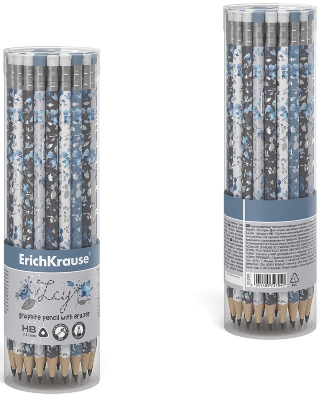 Карандаш чернографитный с ластиком ErichKrause Frozen Beauty (простой), HB, грифель d 2.2 мм, трeхгранный, с принтом, из люкс древесины, микс