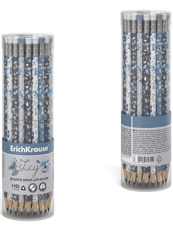 Карандаш чернографитный с ластиком ErichKrause Frozen Beauty (простой), HB, грифель d 2.2 мм, трeхгранный, с принтом, из люкс древесины, микс