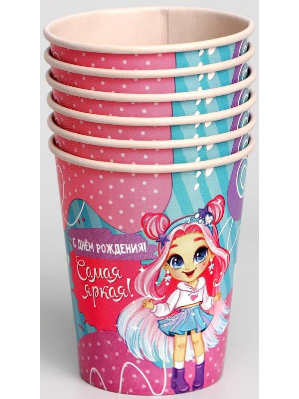 Набор бумажной посуды «С Днём Рождения», самая яркая, 6 тарелок, 6 стаканов, 6 колпаков