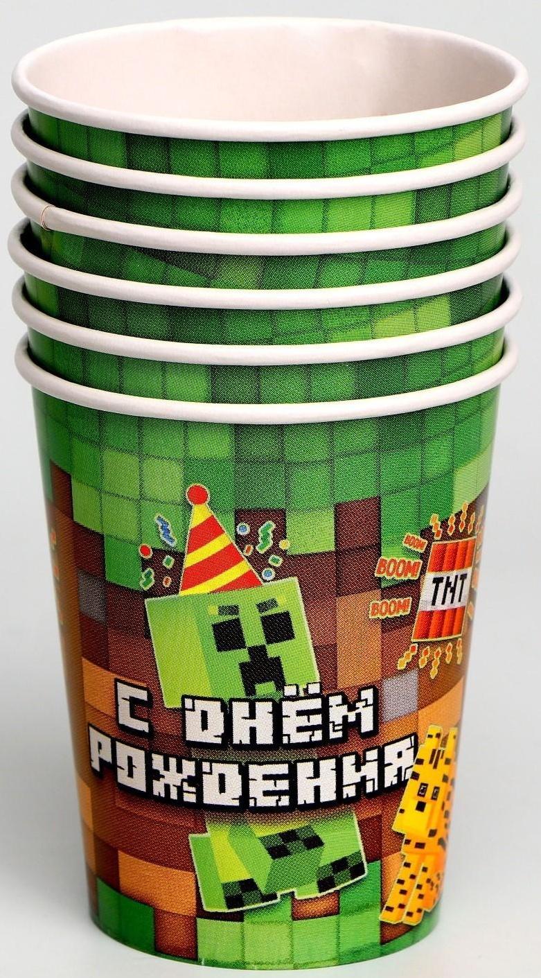 Набор бумажной посуды «С Днём Рождения», пиксели, 6 тарелок, 6 стаканов, 6 колпаков