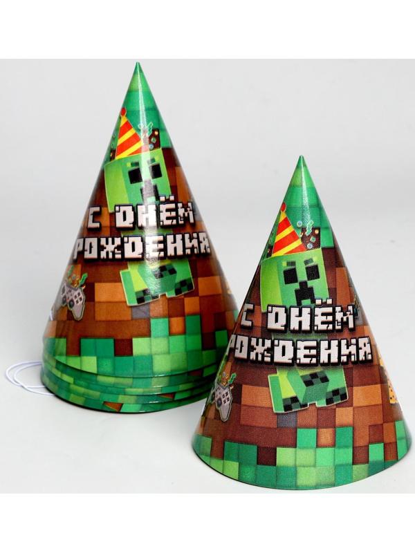 Набор бумажной посуды «С Днём Рождения», пиксели, 6 тарелок, 6 стаканов, 6 колпаков